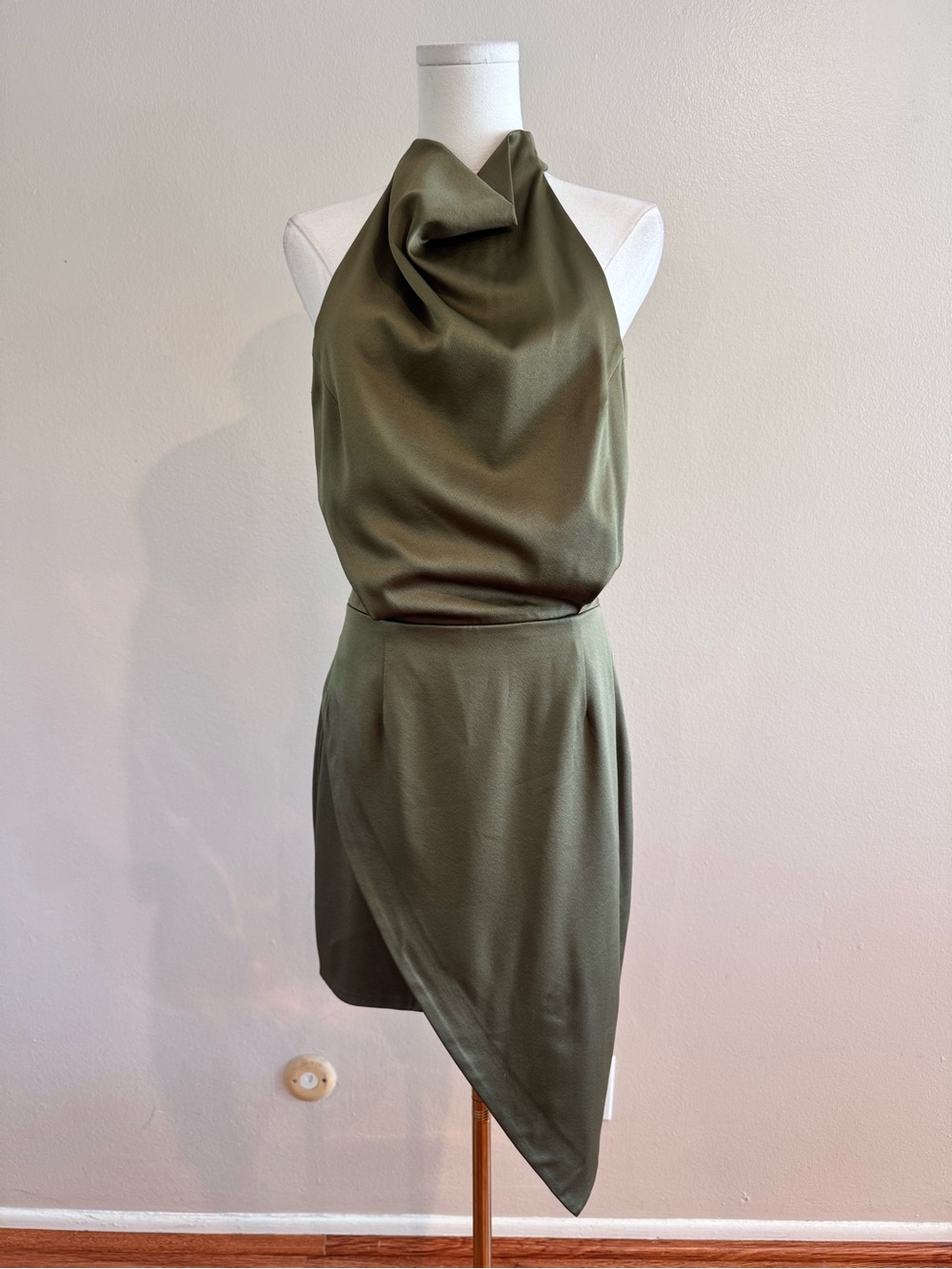 ELLIATT Olive Green Satin Halter Asymmetrical Cocktail Dress M